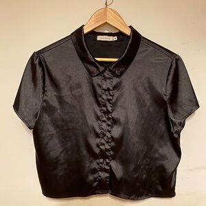 Which We Want Black Satin Short Sleeve Cropped Button Down